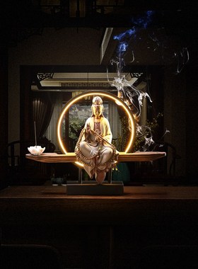 新中式禅意摆件玄关客厅观音佛像陶瓷复古创意倒流香装饰品工艺品
