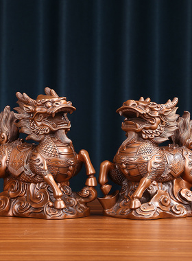 紫铜麒麟摆件一对中式家居办公室装饰品铜工艺品公U司开业乔迁礼