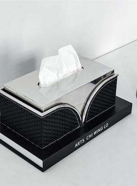轻奢不锈钢皮革纸巾盒客厅桌面办公室茶几餐桌抽纸盒创意实用摆设