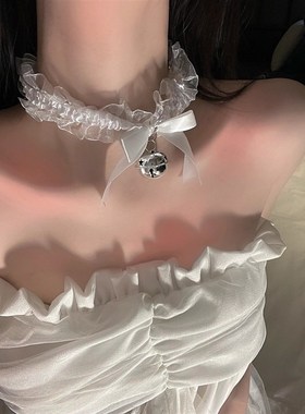 好货羽毛项链女脖子项圈铃铛吊坠气质锁骨链颈链白色亚文化蝴蝶结