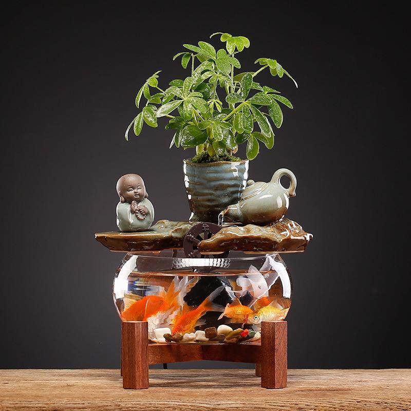 新中式流水玻璃鱼缸摆件小型桌面客厅茶桌办公室装饰品循环水景观,淘宝优惠券,粉丝福利购,淘宝优惠卷