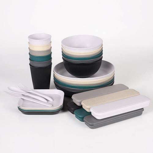 竖纹碗碟盘6人份小麦秸秆PP盘碗杯碟刀叉勺筷餐具套装 - 图2