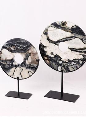 新中式玉石玉璧平安扣铁艺摆件简约创意样板房玄关博古架别墅饰品