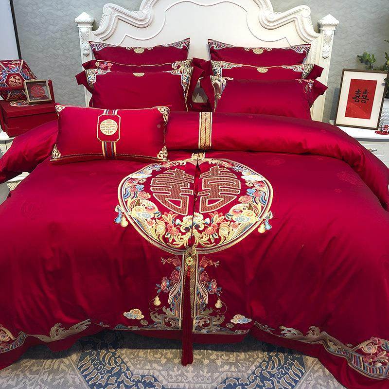 婚庆家新纺嫁全棉刺喜绣贡缎H1108提花四件套结婚床上用品娘妆被,淘宝优惠券,粉丝福利购,淘宝优惠卷
