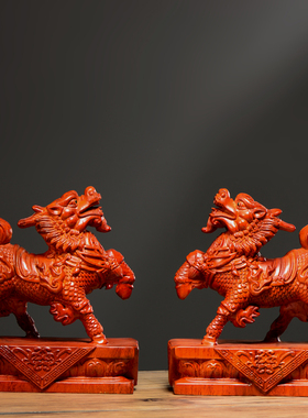 黑檀木雕麒麟摆件实木o一对瑞兽家居客厅电视柜办公装饰红木工艺
