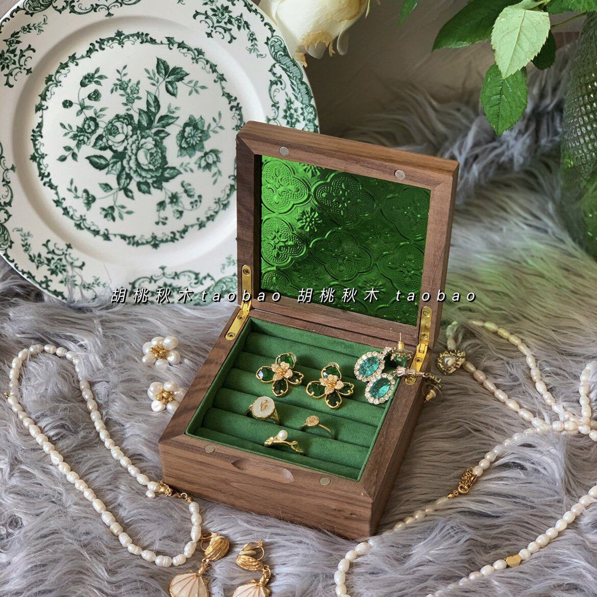 便携木质首饰盒实木饰品盒玻璃收纳戒指L项链耳饰复古戒指盒礼盒,淘宝优惠券,粉丝福利购,淘宝优惠卷
