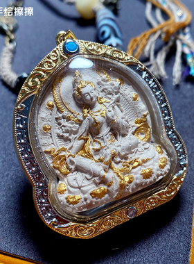 『藏说』手绘绿度母香灰药擦擦金属嘎乌盒藏式文玩项链吊坠小唐卡