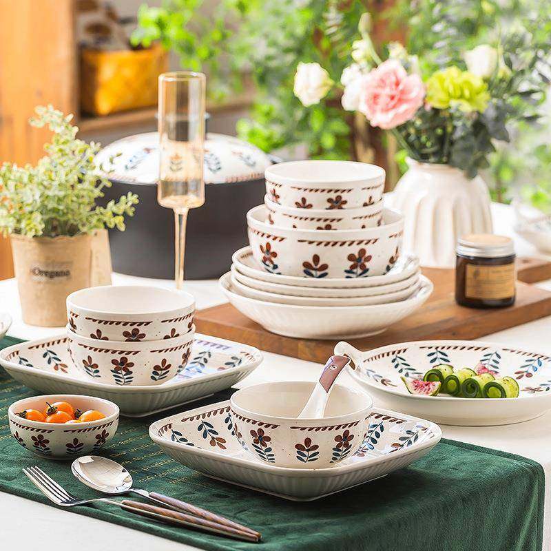 日6570家式碗碟餐盘具套装用复古盘子菜盘高颜值釉下加彩厚长方餐,淘宝优惠券,粉丝福利购,淘宝优惠卷