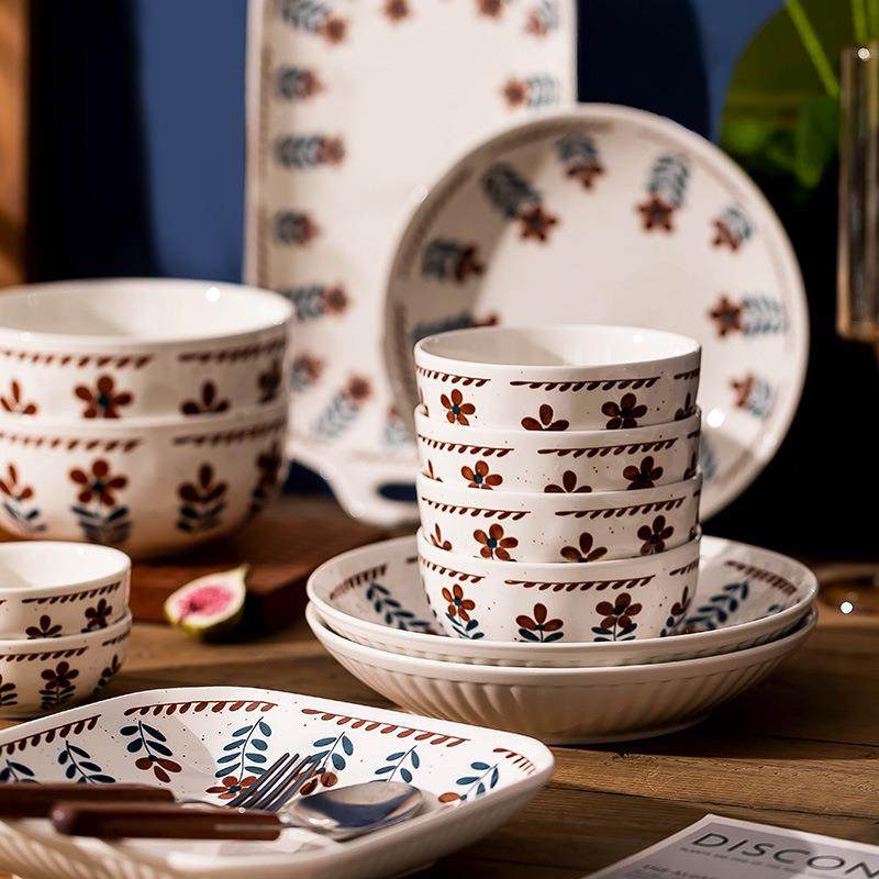 日6570家式碗碟餐盘具套装用复古盘子菜盘高颜值釉下加彩厚长方餐,淘宝优惠券,粉丝福利购,淘宝优惠卷