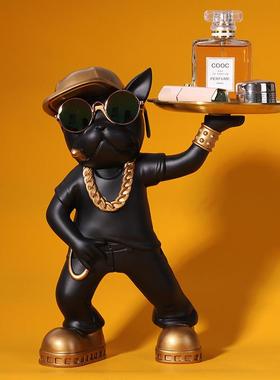 创意法斗狗摆件客厅入户玄关钥匙收纳托盘酒柜家居装饰品摆设