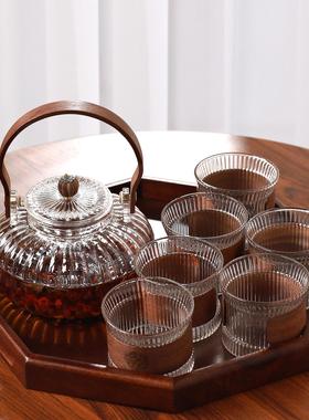 中式胡桃木玻璃茶具套组泡茶壶养生茶器覆古客厅家用茶壶茶杯水杯
