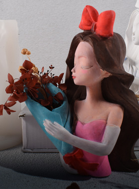 欧式蝴蝶结爱丽丝盆栽花盆硅胶模具 滴胶diy美女人像捧花树脂摆件