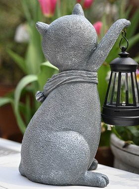 太阳能花园灯小猫树脂摆件花园庭院草地家阳台Q装饰动物工艺品摆