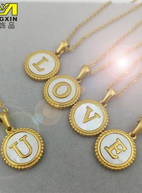 Simple K round shell stainless steel letter necklace fashio