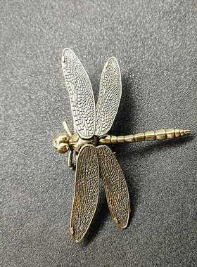 新款直销黄铜蜻蜓翅膀可拆卸茶道微雕小摆件实心铜包浆老铜雕件古