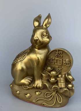 新款直销纯铜钱袋兔摆件铜钱生肖兔聚宝盆兔踩布袋铜兔家居店铺装