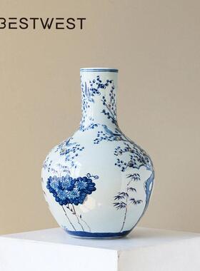 新中式青花陶瓷花摆件级感客厅玄关插花装饰花酒店民宿摆设