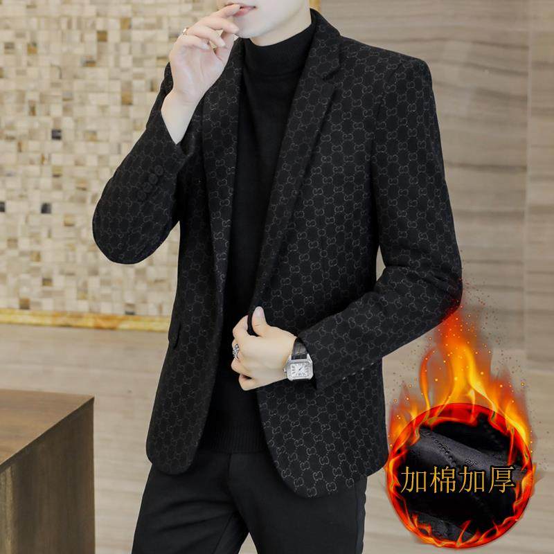 秋冬季小西装男士韩版修身印花单西男装休闲加棉加厚保暖西服外套,淘宝优惠券,粉丝福利购,淘宝优惠卷