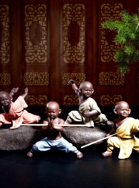 紫砂茶宠大号功夫小和尚手工陶瓷人物中式家居玄关酒柜工艺品摆件