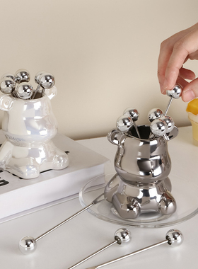 暴力熊甜品水果叉收纳罐摆件轻奢高档客厅茶几餐桌面高颜值装饰品