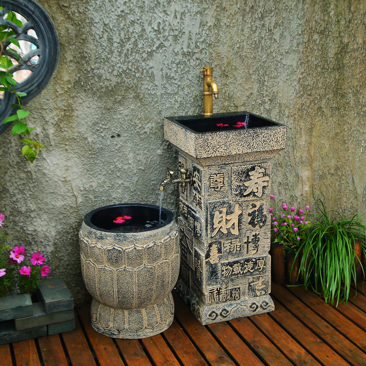 中式复古立柱洗手盆古典雕花文字装饰庭院花园一体台盆浇花拖把池 - 图2