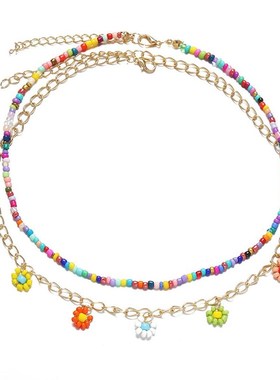 Pearl Daisy Pendant Necklace rice bead double layer Necklace