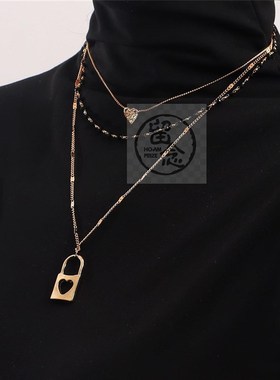 ~Jewelry fashion multi-layer black zircon lock Pendant Long