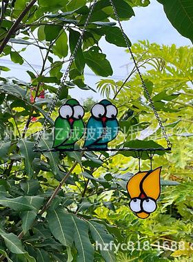 复活节挂饰呆萌三只鸟猫头鹰彩色玻璃工艺品彩色玻璃小鸟挂饰