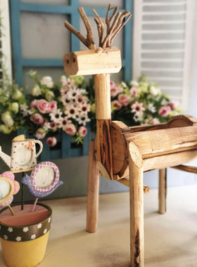 实木小鹿摆件创意多肉花盆庭院y阳台花园布置橱窗幼儿园植物角装