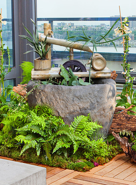 庭院装饰竹子筒流l水器石槽鱼缸风水轮车招财摆件喷泉加湿增氧循