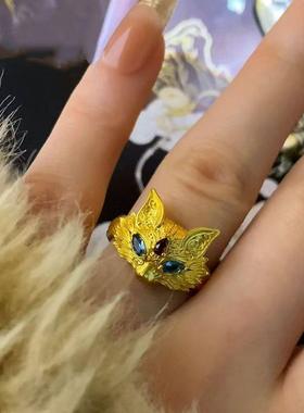 黄金色戒指时尚古法金色国潮通勤首饰新妲己狐狸戒指精致经典