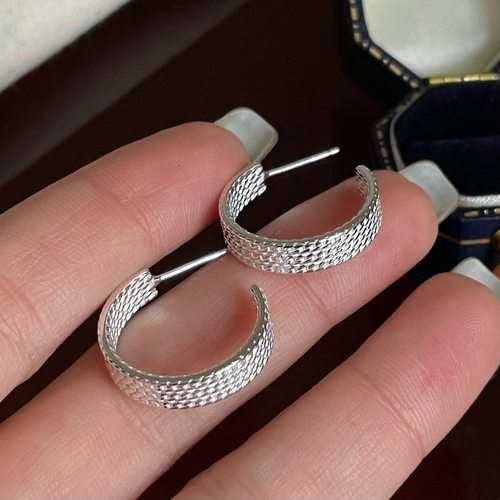 纯银编织开C形耳环简约ins麻花耳钉小众气质百搭高级感轻奢 - 图0