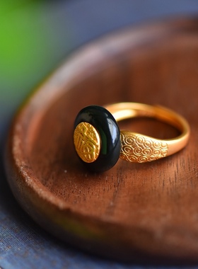 s925银镶和田玉平安扣福字戒指