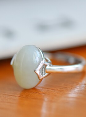 s925银镶和田玉蛋面素银戒指开口戒爆款简约时尚百搭女士新款1467