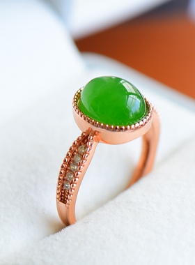 s925银镶和田碧玉蛋面戒指椭圆形金色手饰和田玉高档精美11274