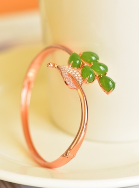 925银镶碧玉金枝玉叶手镯