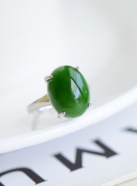 925银镶和田玉碧玉蛋面戒指