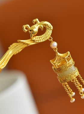 s925银镶和田玉流苏凤凰宫灯发簪