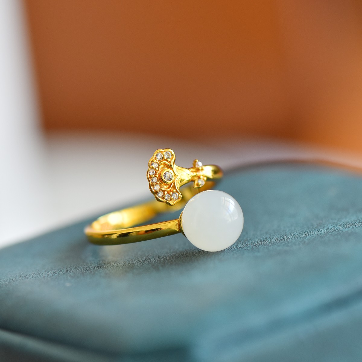 S925 silver inlaid with Hetian jade beads ring 1025