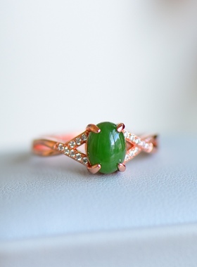 s925银镶和田玉碧玉蛋面戒指