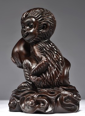 黑檀木雕刻猴子摆件十二生肖实木灵猴献桃办公装S饰送礼红木工艺