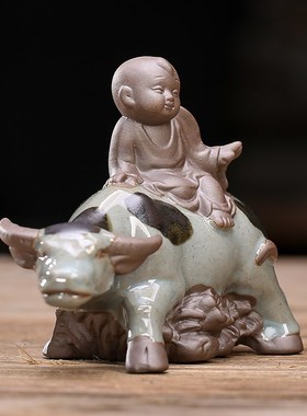 创意田园古风陶瓷牧童骑牛童子小摆件人物花宠植物盆造景桌面摆设