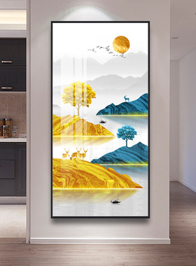 好货轻奢玄关晶瓷画风景招财挂画竖版大幅楼梯过道装饰画金属框无
