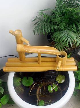 竹子流水器鱼缸石槽鱼盆增氧过滤客厅摆件风水轮水车循环流水