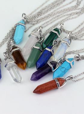 跨境热销水晶六棱柱灵摆吊坠项链多彩孔雀能量石情侣毛衣链饰品