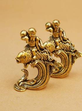 黄铜鲤鱼童子摆件家居办公室桌面摆件鲤鱼跃龙门黄铜工艺品