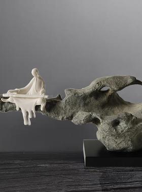 现代中式禅意树脂太湖石摆件软装样板房售楼部人物家居装饰品配搭