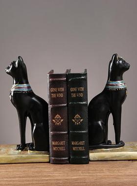 复古埃及猫书挡树脂轻奢玄关书房书柜摆件样板房装饰黑猫书立