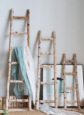 桦木装饰木梯子靠墙摆件拍摄道具橱窗展示花园庭R院落地收纳整理