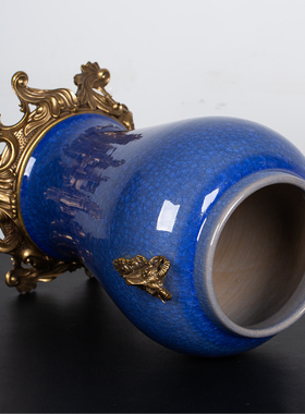 贵夫人铜镶瓷结晶蓝釉配铜柏树双羊头将军罐景德镇瓷器茶叶罐摆件